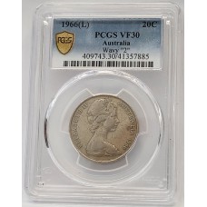 AUSTRALIA 1966 . TWENTY 20 CENTS COIN . VARIETY . WAVY 2